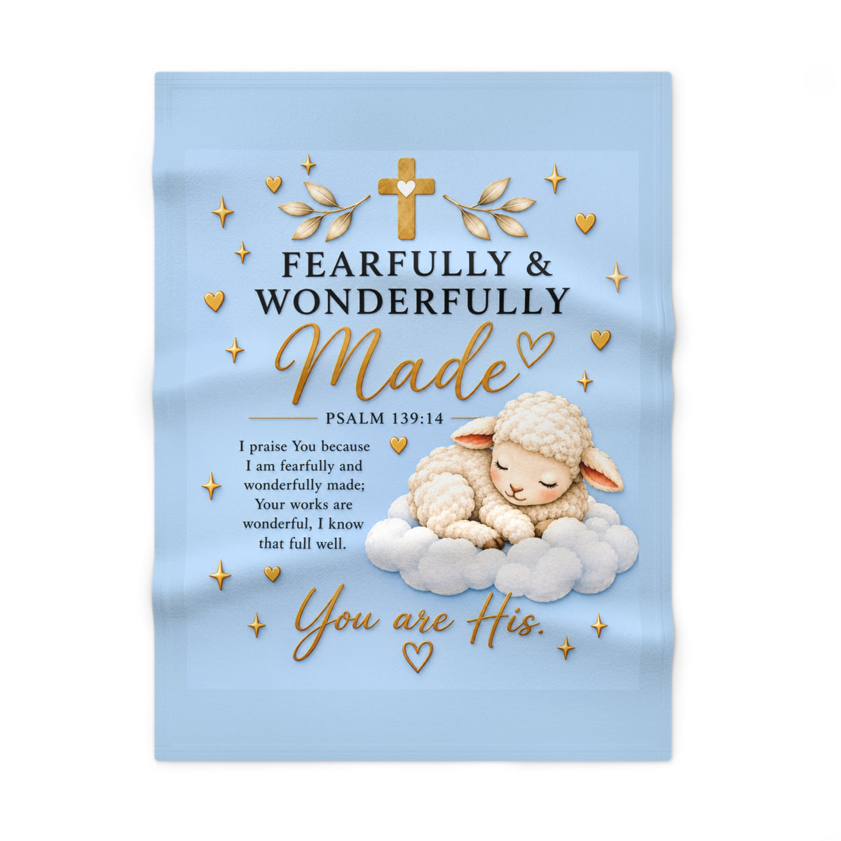 Baby Blanket — 'Fearfully & Wonderfully Made' Blue Lamb Psalm 139:14 Nursery Fleece