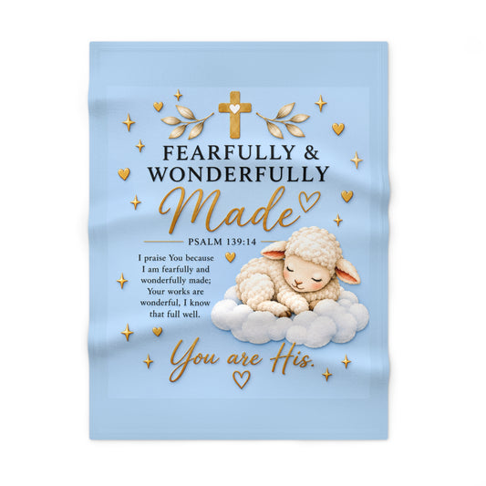 Baby Blanket — 'Fearfully & Wonderfully Made' Blue Lamb Psalm 139:14 Nursery Fleece