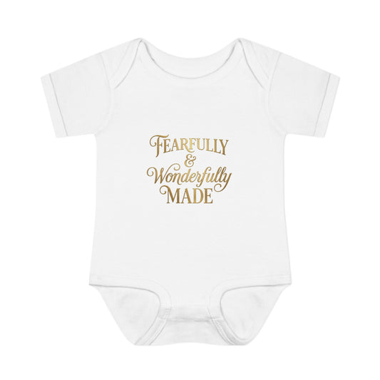 Baby Bodysuit – "Fearfully & Wonderfully Made" Gold Script Infant Onesie