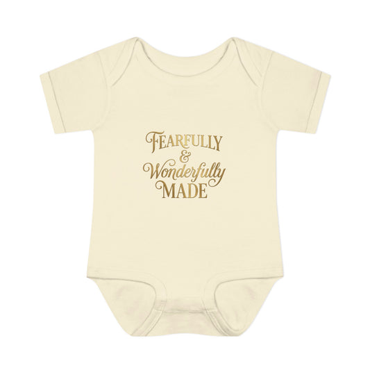 Baby Bodysuit – "Fearfully & Wonderfully Made" Gold Script Infant Onesie