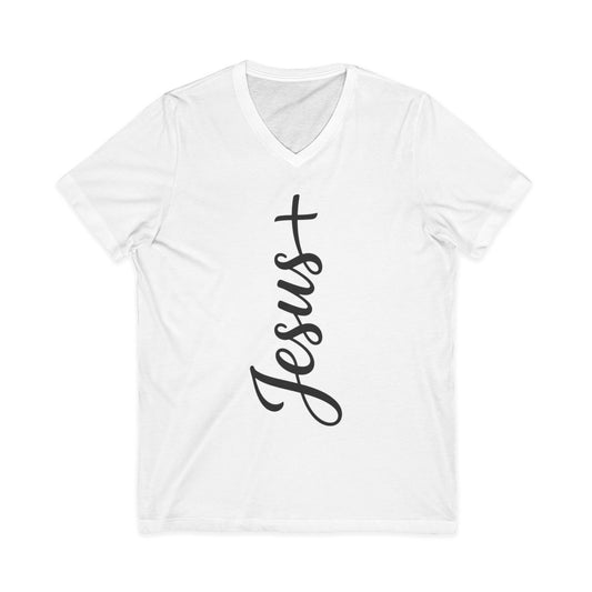 Jesus Vertical Script V‑Neck T‑Shirt — Christian Faith Tee