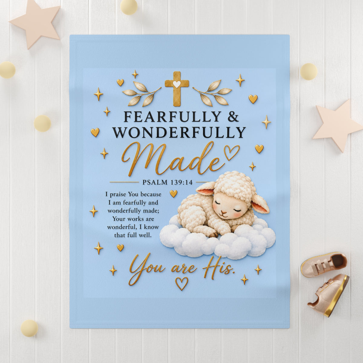 Baby Blanket — 'Fearfully & Wonderfully Made' Blue Lamb Psalm 139:14 Nursery Fleece