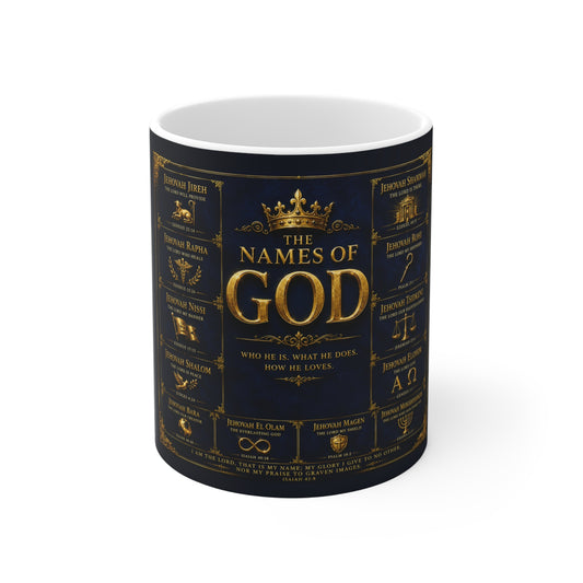 The Names of God 11oz Mug — Inspirational Christian Scripture Coffee Cup